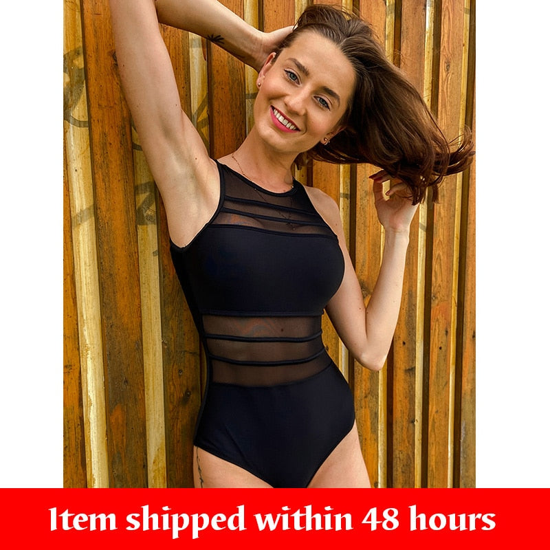 Sexy One Piece Swimsuit Black Mesh Swimwear for Women High Neck Summer Beachwear Bathing Suits (shipped within 48 hours)