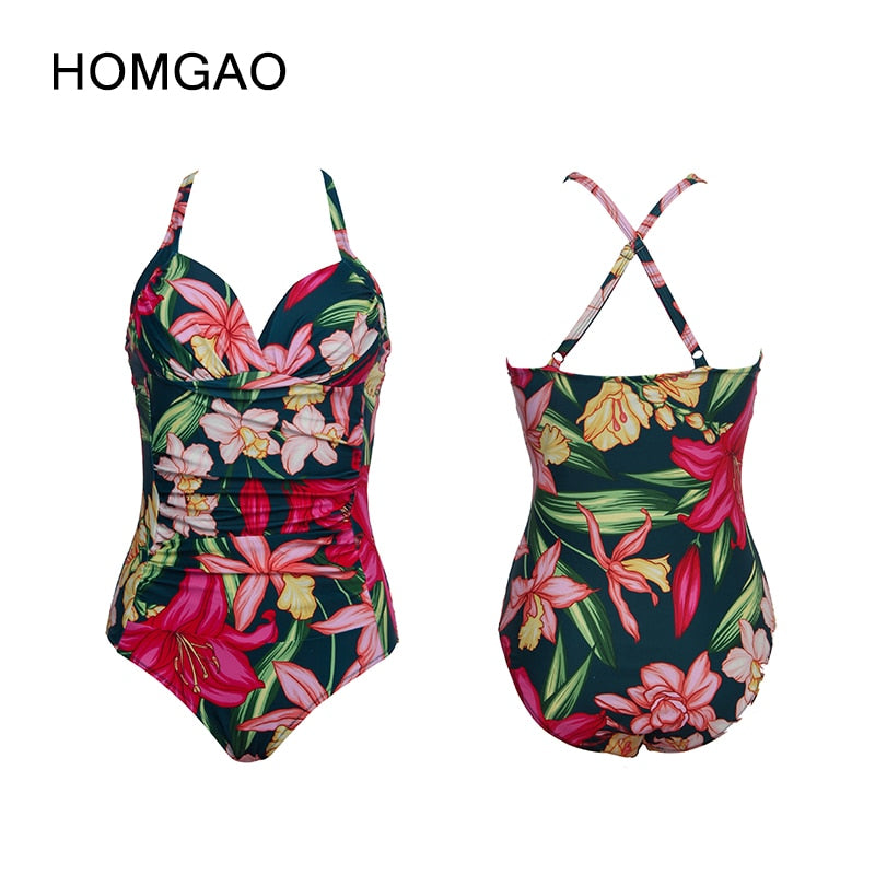 HOMGAO Floral Print Women's One Piece Swimsuits Sexy Tummy Control Bathing Suits Slimming Bodysuit V Neck Swimwear Monokini