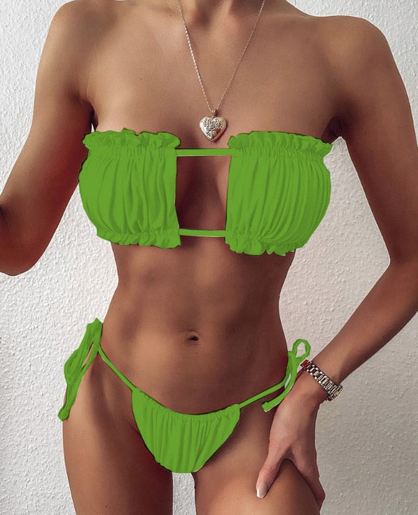 Sexy Bikini 2022 Pleated Bandeau Swimsuit Female Swimwear Women Mini Thong Bikini Set Bather Swimming Beachwear for Bathing Suit