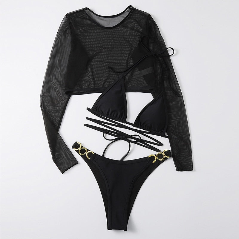 Leopard Print 3-Piece Long Sleeve Bikini Set