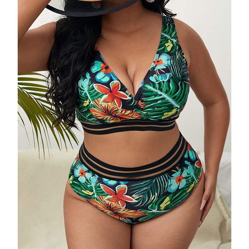 Bauhinia New 5XL Plus Size Swimsuits 2 Pieces Set Women High Waist Push Up Bikini Sets Flower Print Summer Large Bathing Suits