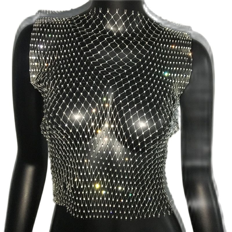 Rhinestone Mesh See-Through Crop Top