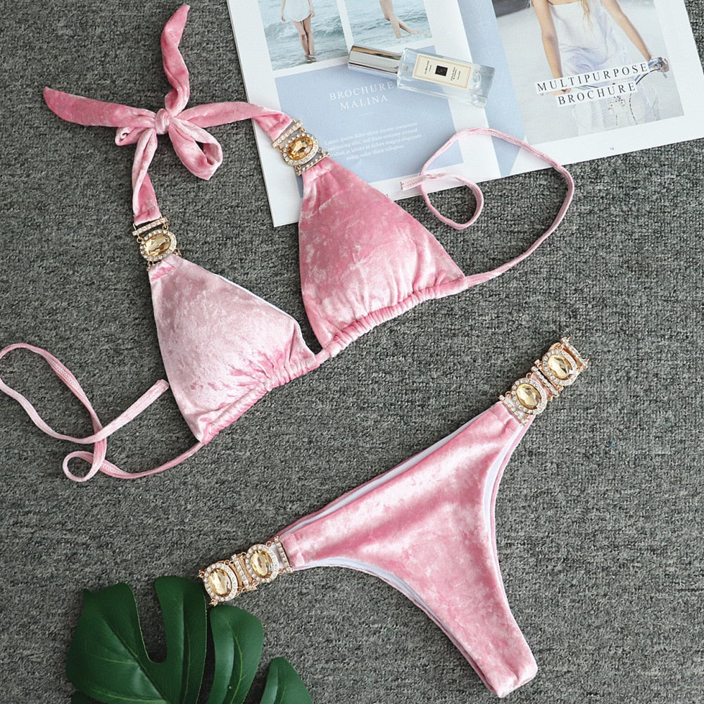 Crystal Bikini Set Bandage Velvet Pink Swimwear Swimsuit Bathing Suit Women Sexy Thong Bikini Gold Crystal Stone Beach Wear