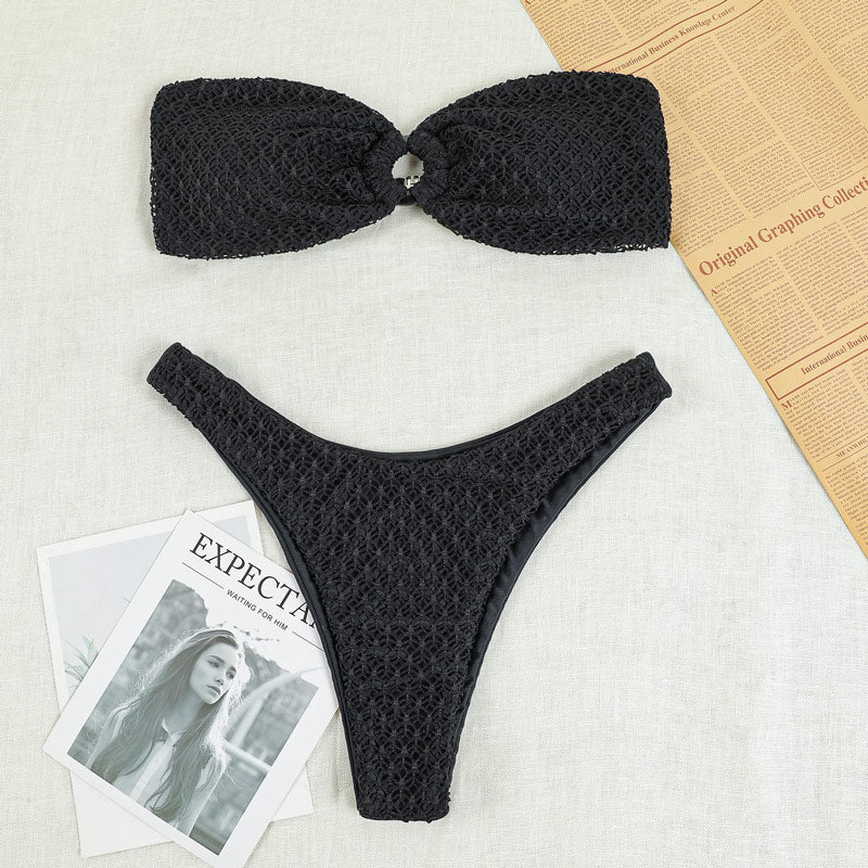 Ruffled Hollow Out Thong Bandeau Bikini Set