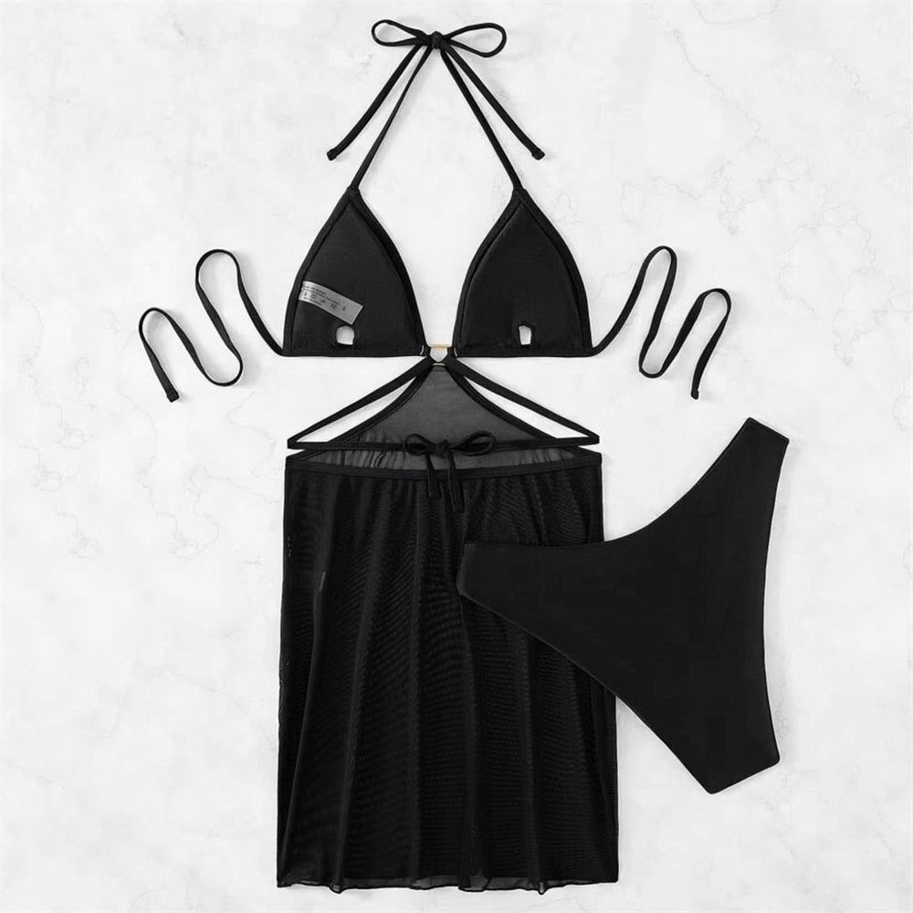 Sexy Solid Halter Thong Bikini Push Up Swimsuits Cover Ups For Swimwear Women 3 Pcs Sets Bandage Beachwear Suit With Mesh Skirt