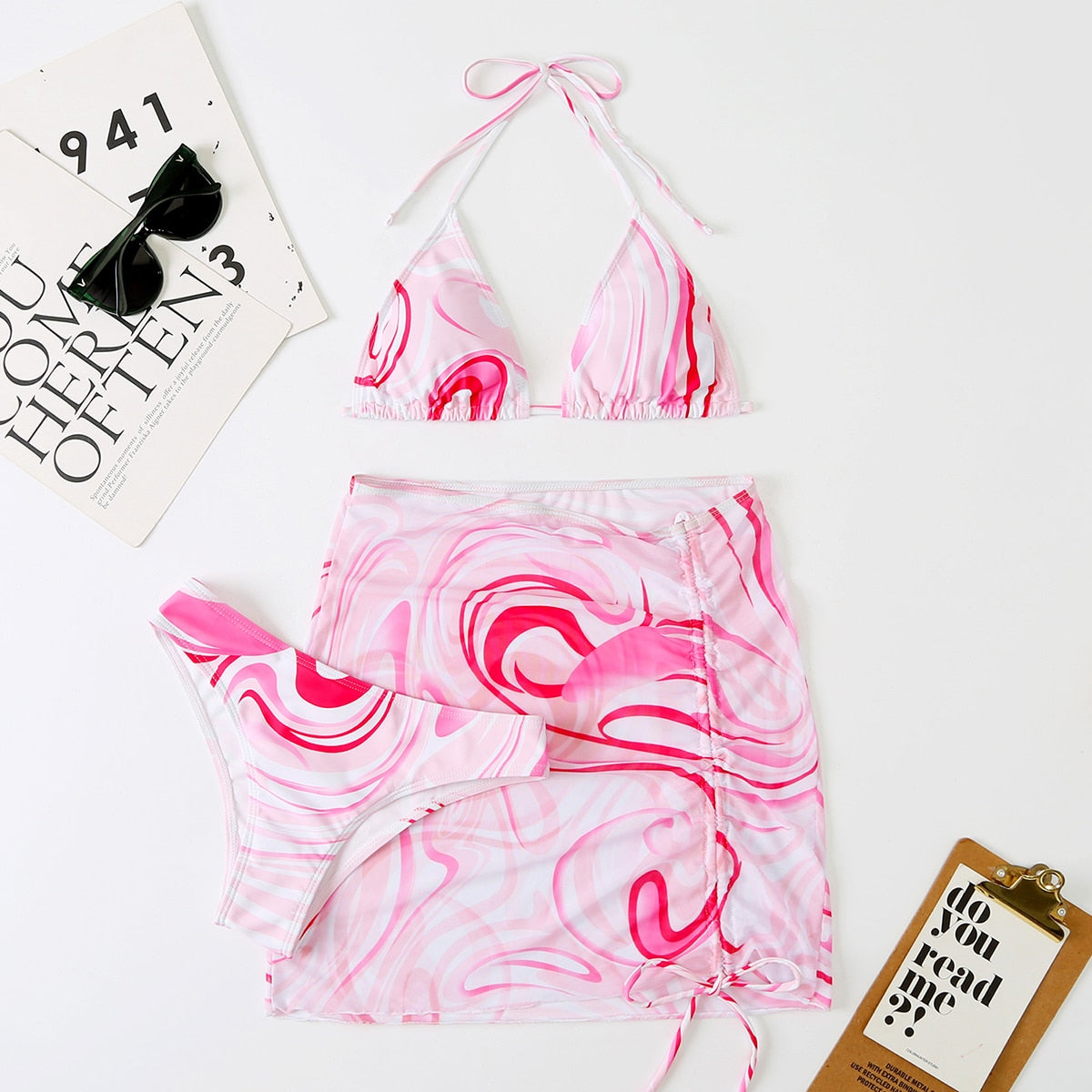 Tie Dye 3-Piece Thong Bikini Set with Skirt