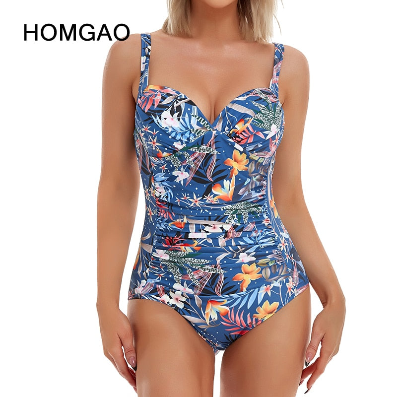 HOMGAO Sexy Push Up Women's One Piece Swimsuits Large Size Shirred Swimwear Vintage Bodysuit Tummy Control Bathing Suits L-4XL