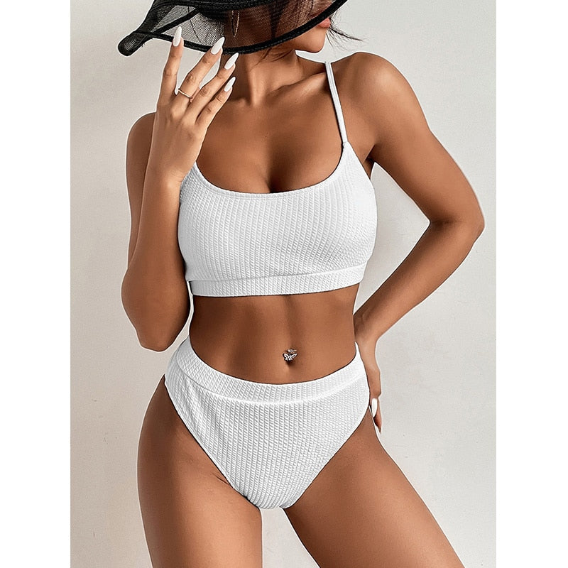 INGAGA High Waist Bikinis Swimwear Women Swimsuit Ribbed Sexy Bikini Woman 2023 Green Bathing Suit High Cut Beach Wear Summer