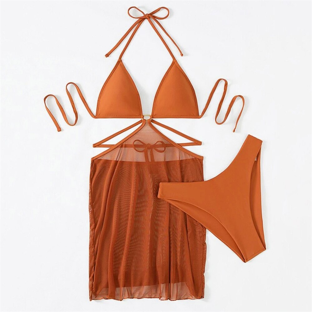 Sexy Solid Halter Thong Bikini Push Up Swimsuits Cover Ups For Swimwear Women 3 Pcs Sets Bandage Beachwear Suit With Mesh Skirt