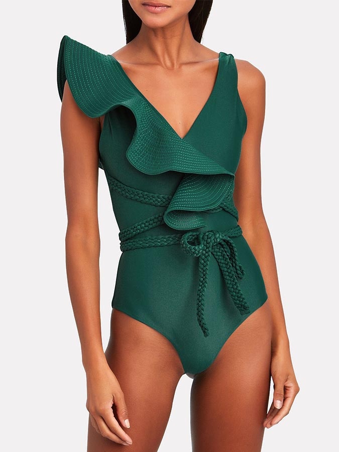 Swimwear Women 2022 Sexy One Piece Swimsuits Deep-v Beach Wear Shoulder Solid Ruffled Plus Size Bathing Suit Summer Micro Bikini