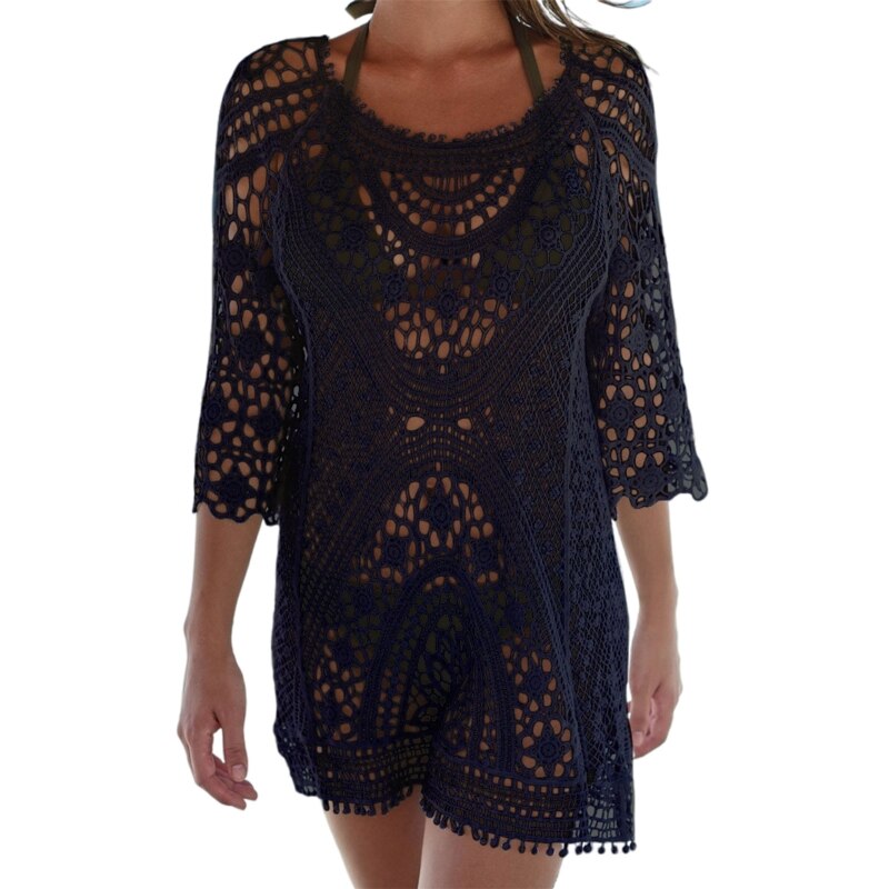 Womens Bikini Swimsuit Cover Up 3/4 Sleeves Hollow Out Crochet Floral Lace Mini Dress Sexy Backless Knitted Beach Top Bathing