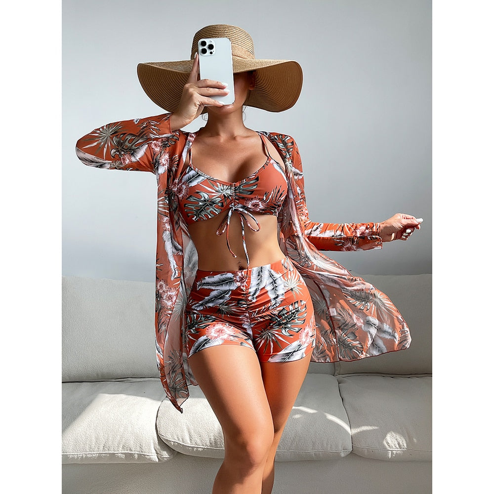 High Waist Bikinis 2022 Sexy 3 Piece Bikini Set Cover Up Swimsuit for Women Long Sleeve Push Up Swimwear Beach Wear Bathing Suit