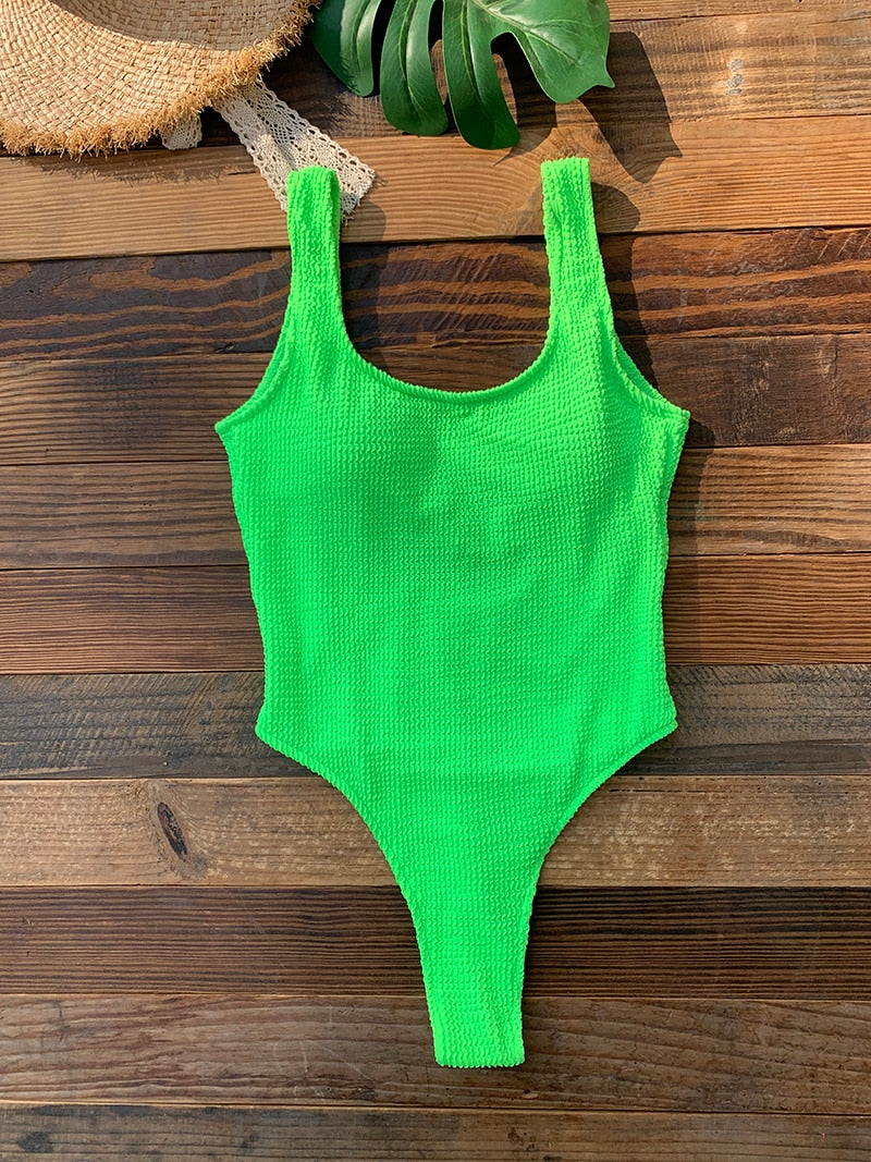 One Piece Swimsuit for Women 2023 New Ribbed Monokini Swimwear Solid Neon Green Bathing Suit Beach Outfits Women's Swim Wear