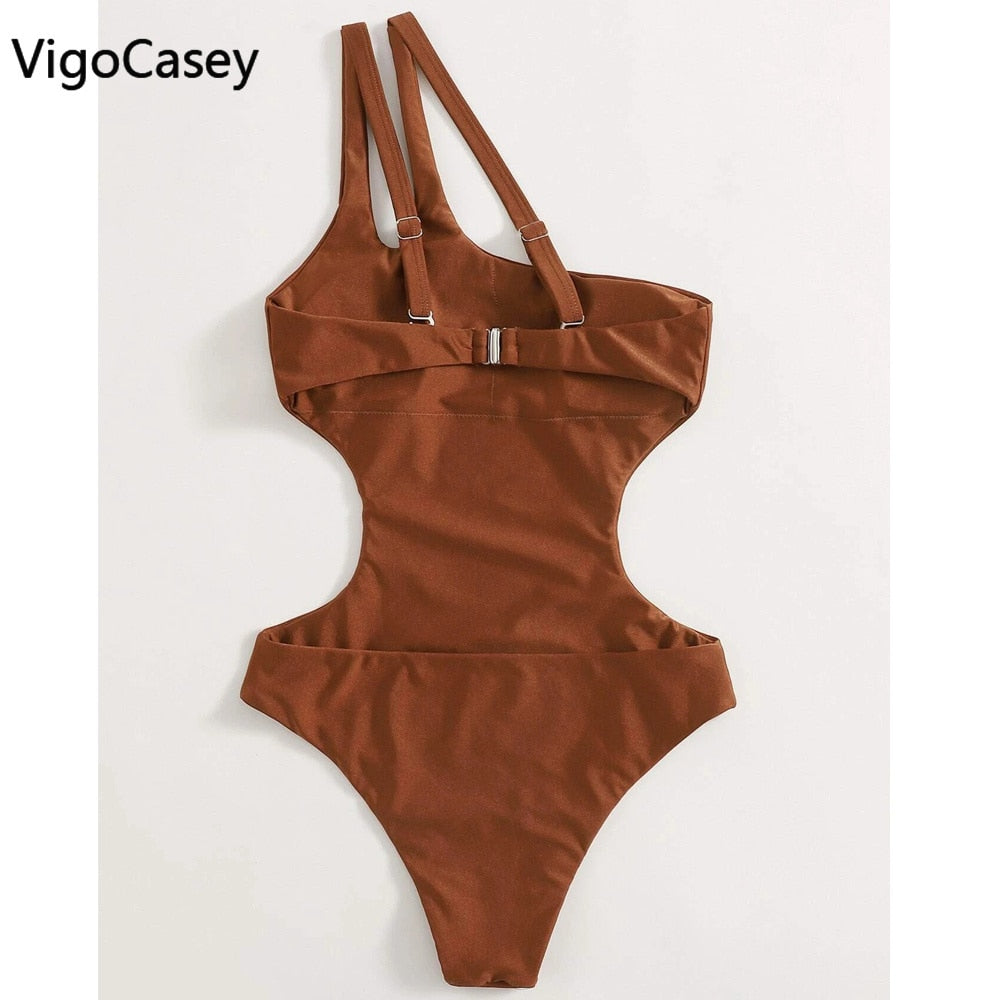 VigorCasey 2022 Solid One Shoulder Swimwear Women Sexy High Waist Hollow One Piece Swimsuit Monokini Backless Beach Bathing Suit