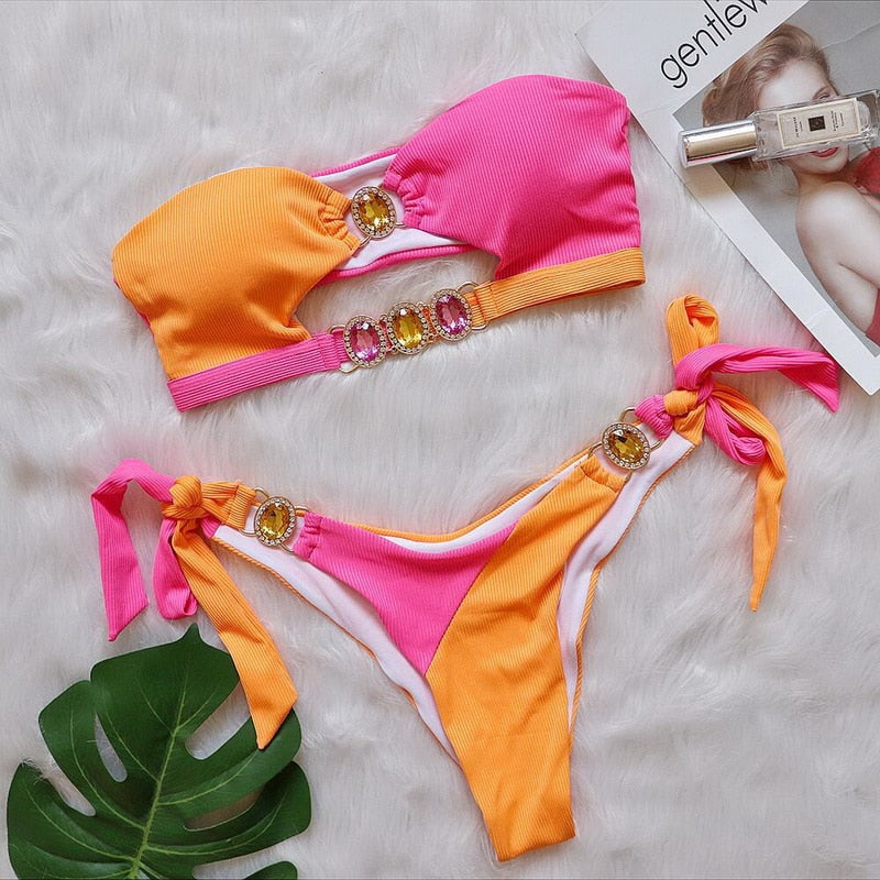 Luxury Rhinestone Push Up Bandeau Bikini