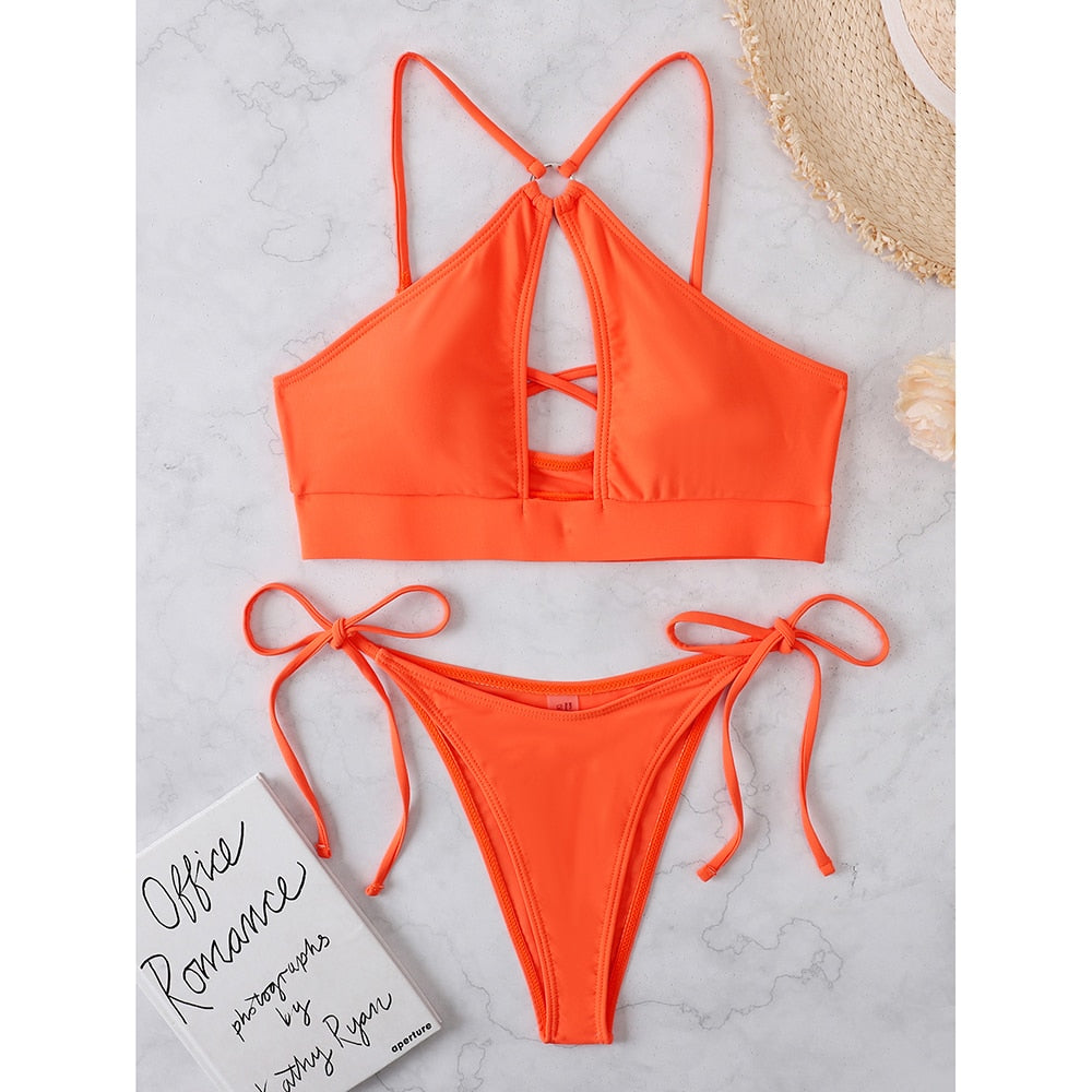 Sexy Thong Bikini 2022 Women`s Swimsuit New Female Swimwear Halter Bikinis Set 2 Piece Swimming for Woman Bathing Suit Beachwear