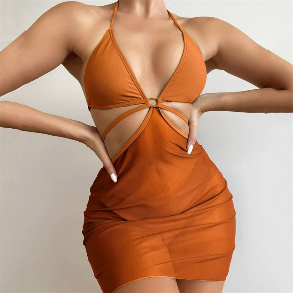 Sexy Solid Halter Thong Bikini Push Up Swimsuits Cover Ups For Swimwear Women 3 Pcs Sets Bandage Beachwear Suit With Mesh Skirt