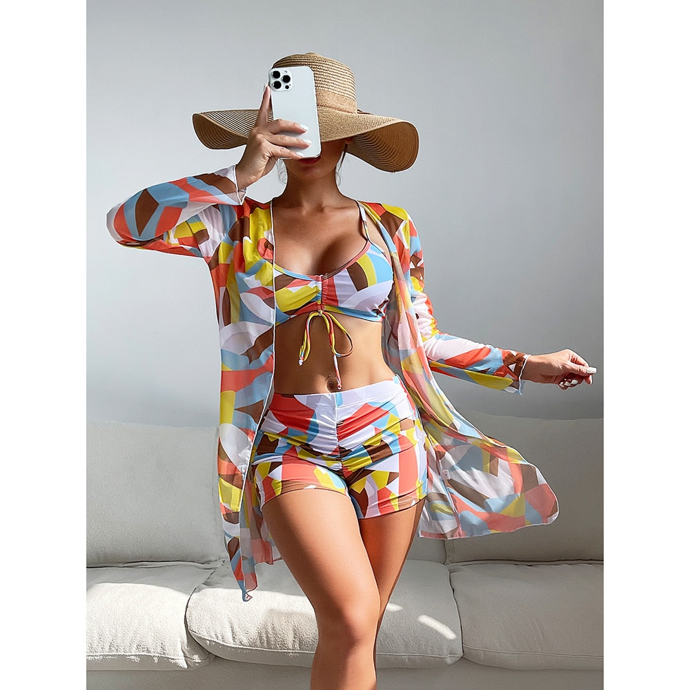 High Waist Bikinis 2022 Sexy 3 Piece Bikini Set Cover Up Swimsuit for Women Long Sleeve Push Up Swimwear Beach Wear Bathing Suit