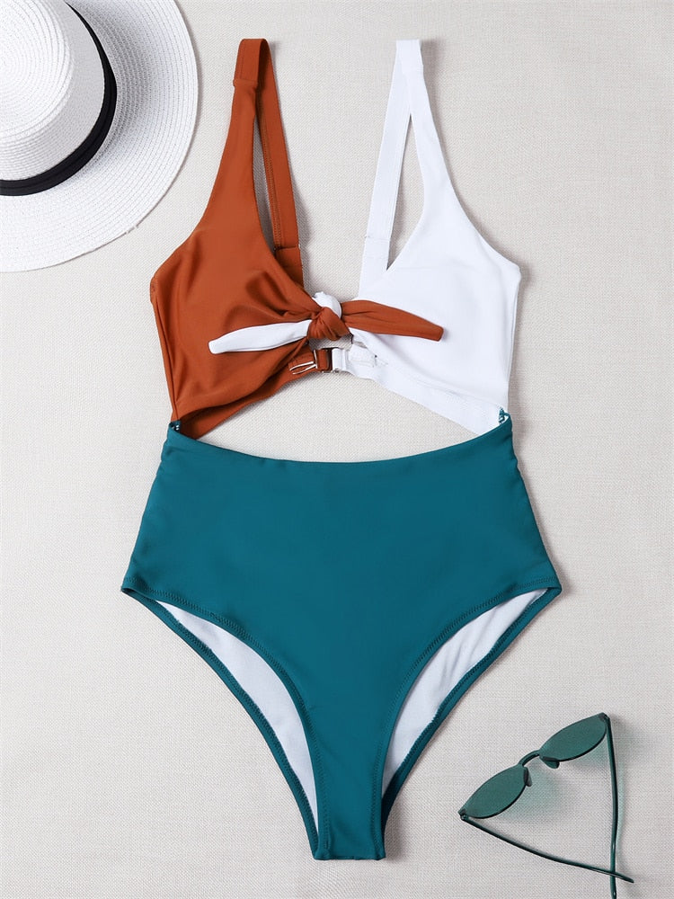 One Piece Swimsuit 2022 New Solid Colorful Hollow Out Swimwear Women Bandage Bow Bodysuit Sexy Monokini Beachwear Bathing Suits