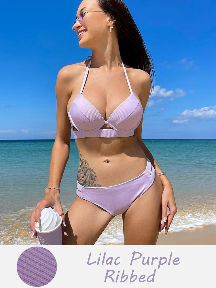 Halter Bandage Solid Push Up Bikini Set