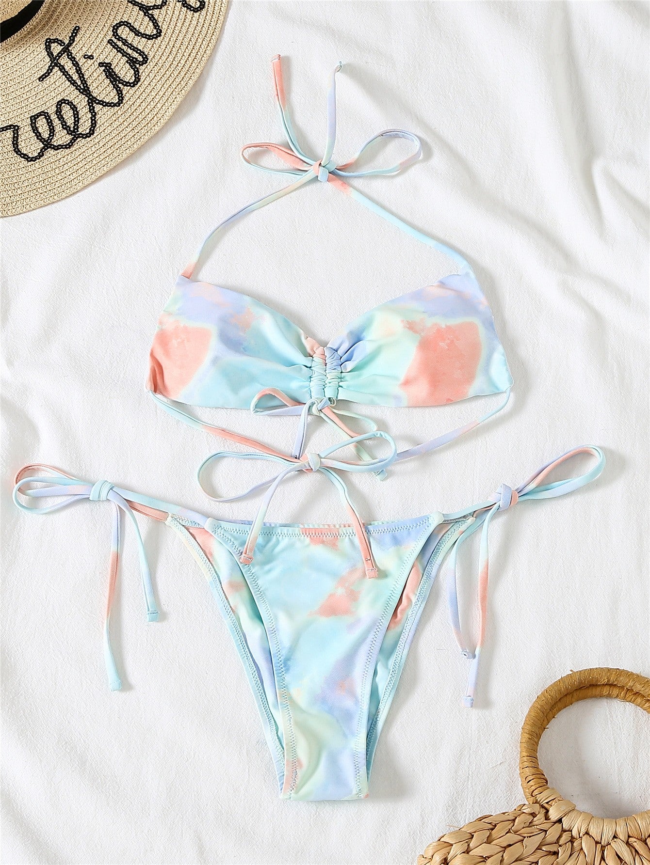 Tie Dye Drawstring Front Thong Bikini Swimsuit Women Two Piece Swimwear 2023 Bikini Set Summer Beach Bathing Suit