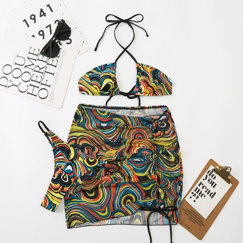 Tie Dye 3-Piece Thong Bikini Set with Skirt