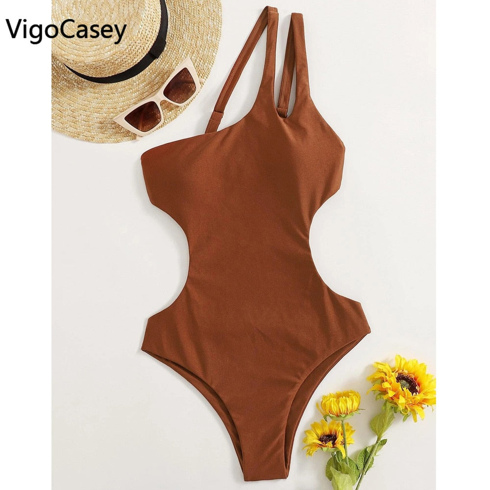 VigorCasey 2022 Solid One Shoulder Swimwear Women Sexy High Waist Hollow One Piece Swimsuit Monokini Backless Beach Bathing Suit