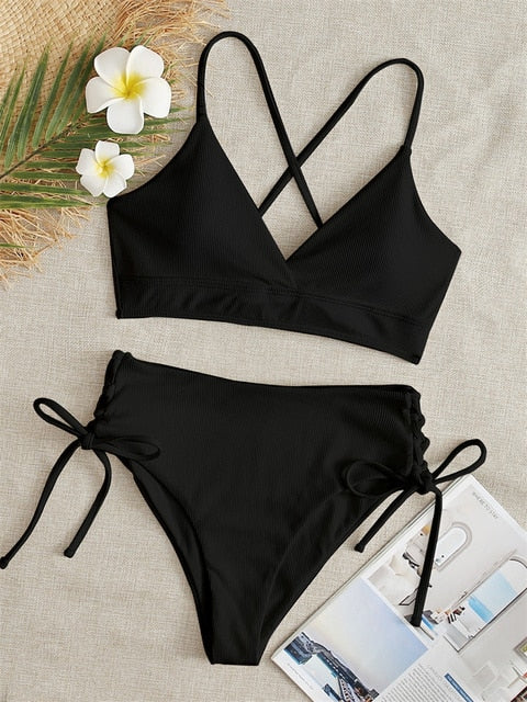 Black Lace-Up Ribbed High Waist Bikini Set