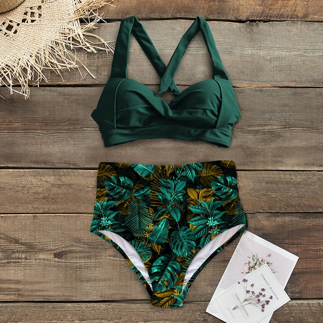 Halter Print High Waist Bodysuit Bikini Set