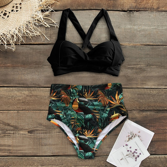 Halter Print High Waist Bodysuit Bikini Set