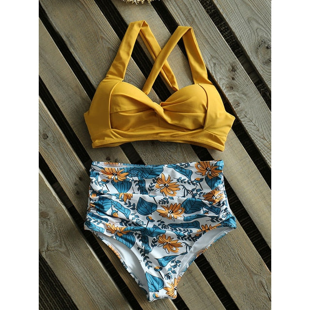 Halter Print High Waist Bodysuit Bikini Set