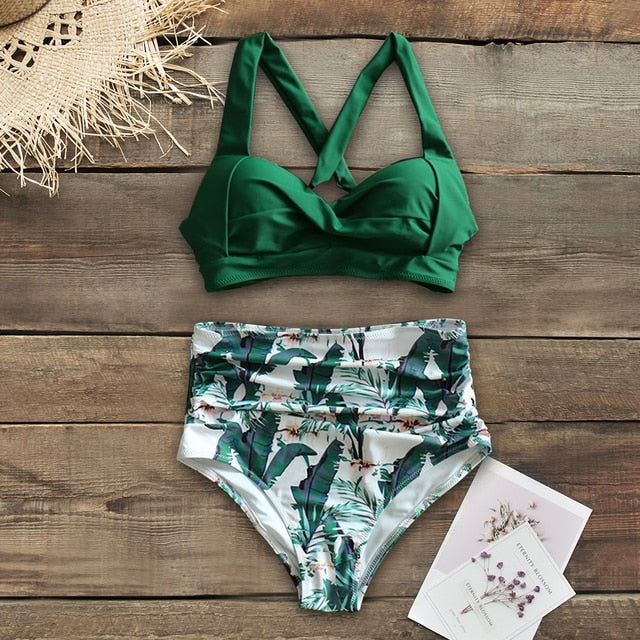 Halter Print High Waist Bodysuit Bikini Set