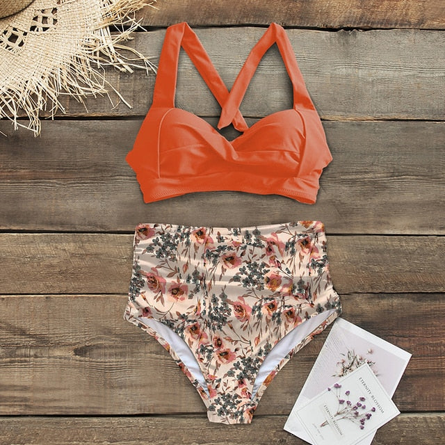Halter Print High Waist Bodysuit Bikini Set