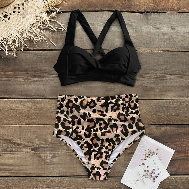 Halter Print High Waist Bodysuit Bikini Set