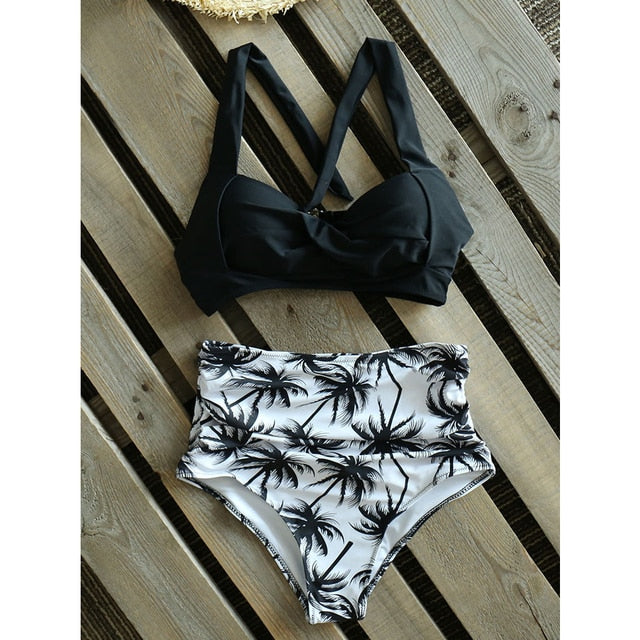 Halter Print High Waist Bodysuit Bikini Set