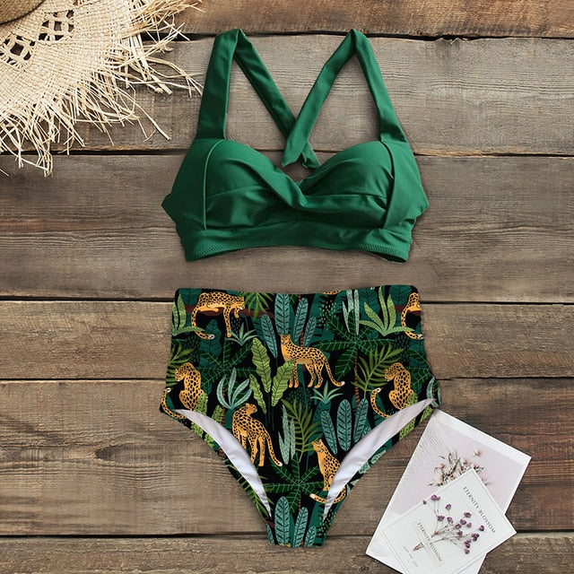 Halter Print High Waist Bodysuit Bikini Set
