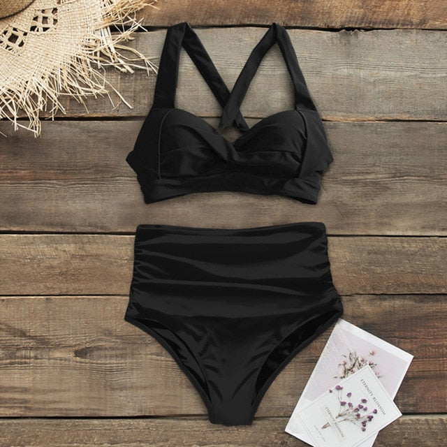 Halter Print High Waist Bodysuit Bikini Set