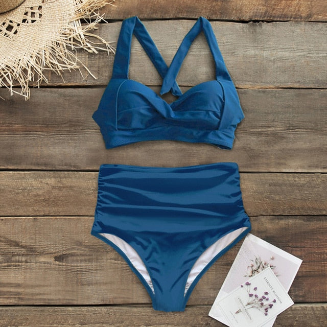 Halter Print High Waist Bodysuit Bikini Set