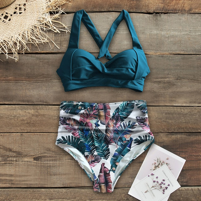 Halter Print High Waist Bodysuit Bikini Set