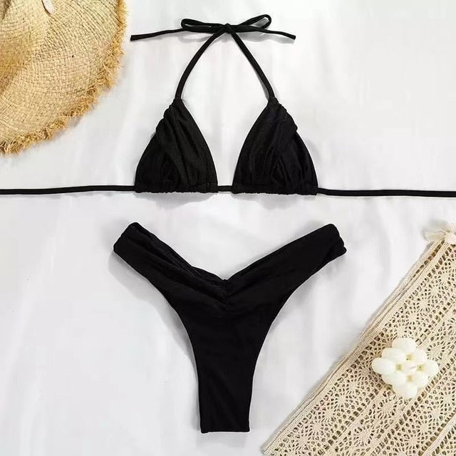 Halter Pleated Triangle Brazilian Micro Bikini Set