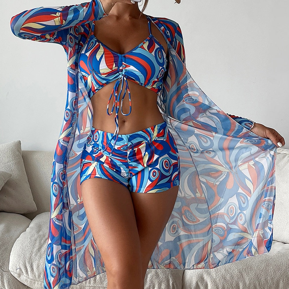 High Waist Bikinis 2022 Sexy 3 Piece Bikini Set Cover Up Swimsuit for Women Long Sleeve Push Up Swimwear Beach Wear Bathing Suit