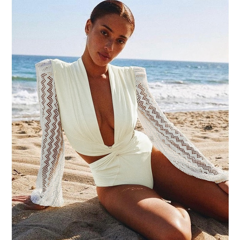 2022 New One Piece Swimsuit Retro Long Sleeve Solid White Swimwear Women Bandage Bathing Suits Strappy Backless Beach Wear