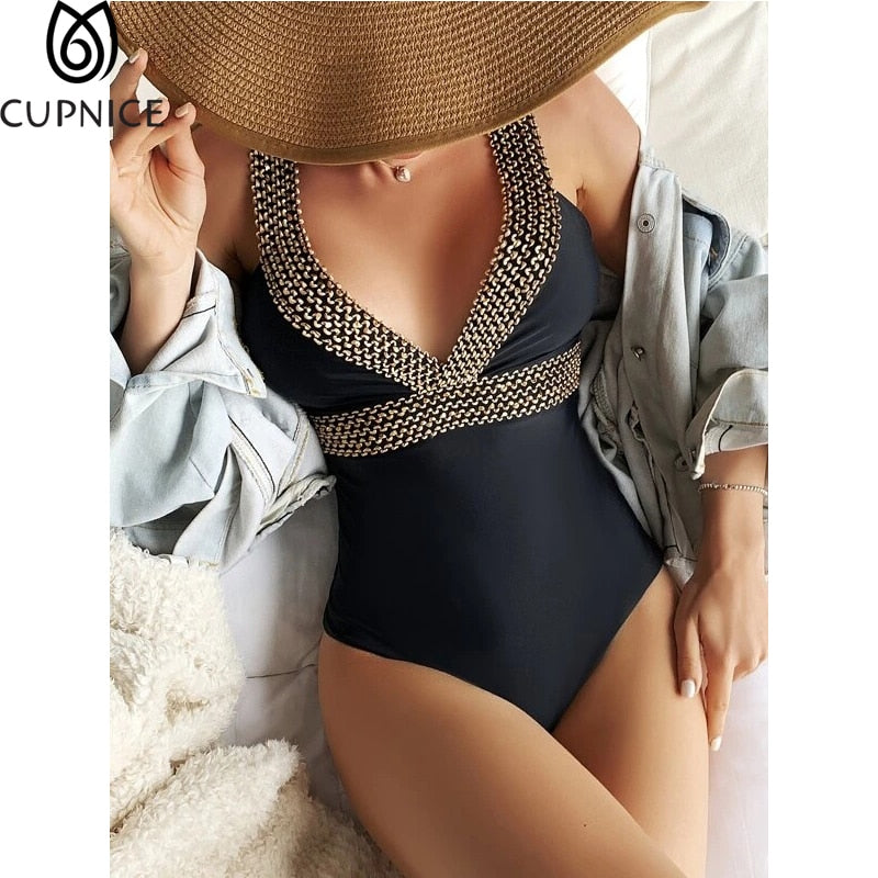 Plunge Neckline One Piece Swimsuit Women Sexy Black Swimwear V-Neck Solid Backless Contrast Trim Padded Bathing Suit