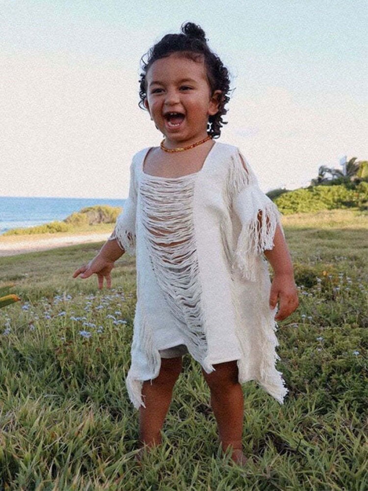 Beach Dress Cover Up Fringe Hollow Out Sunscreen Knitted Skirt Summer Women's Bikini Swimsuit Cover-ups Parent-child BlouseA1971