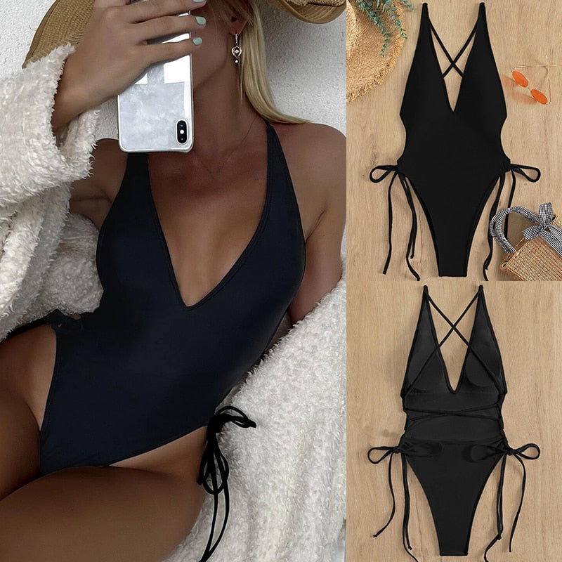 Riseado Sexy Plunging One Piece Swimsuit Lace Up Women's Swimwear 2023 Solid Swimming Suit for Women High Cut Monokini Beachwear