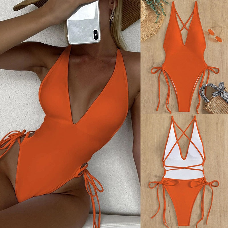 Riseado Sexy Plunging One Piece Swimsuit Lace Up Women's Swimwear 2023 Solid Swimming Suit for Women High Cut Monokini Beachwear