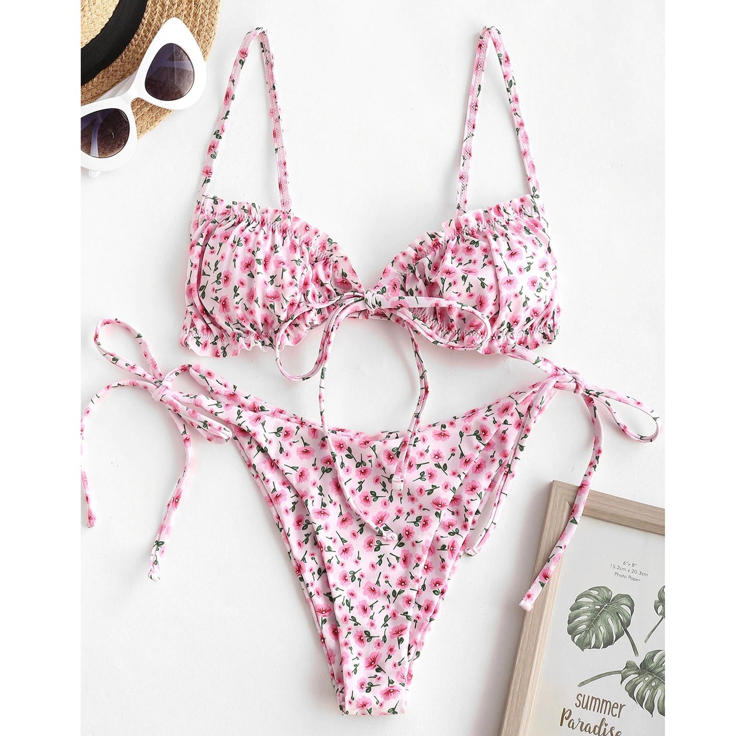 Women Pink Thong Bikini Swimsuit 2022 Flower Low Waist Triangle Push-Up Bikinis Swimwear Bathing Suit