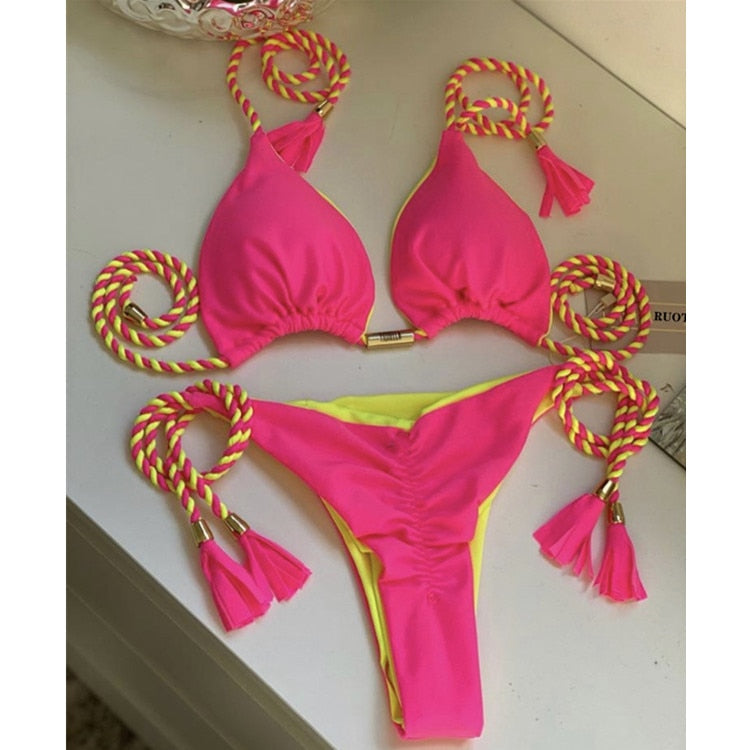 Blue Triangle Bandage Thong Bikini Set