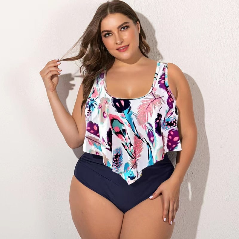 2021 Summer Plus Size Two Pieces Women's Bikinis Set Cactus/Letter Printed Ruffle Big Swimsuit Large Female Swimming Suits 5XL