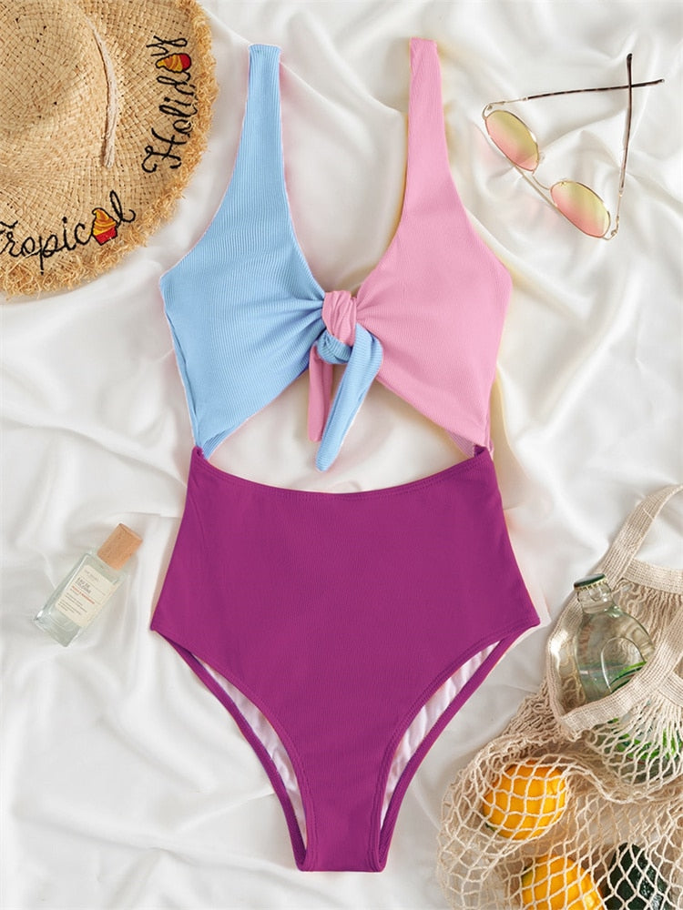 One Piece Swimsuit 2022 New Solid Colorful Hollow Out Swimwear Women Bandage Bow Bodysuit Sexy Monokini Beachwear Bathing Suits